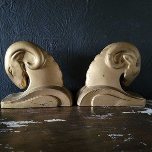 Vintage Art Deco Ram's Head Bookends, Art Deco Library Decor c. 1930s